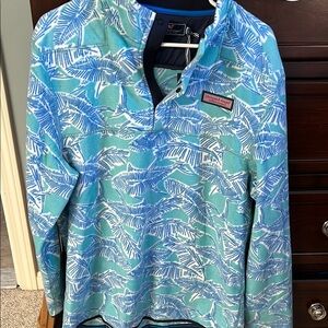 Vineyard Vines Blue and Green Leaf Print Pullover
